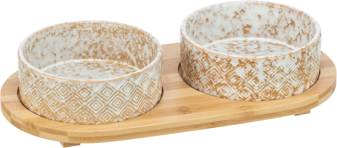 Bowl set, ceramic/bamboo, 2 x 0.3 l/diam. 12 cm/30 x 6 x 15 cm, white-light brown/li