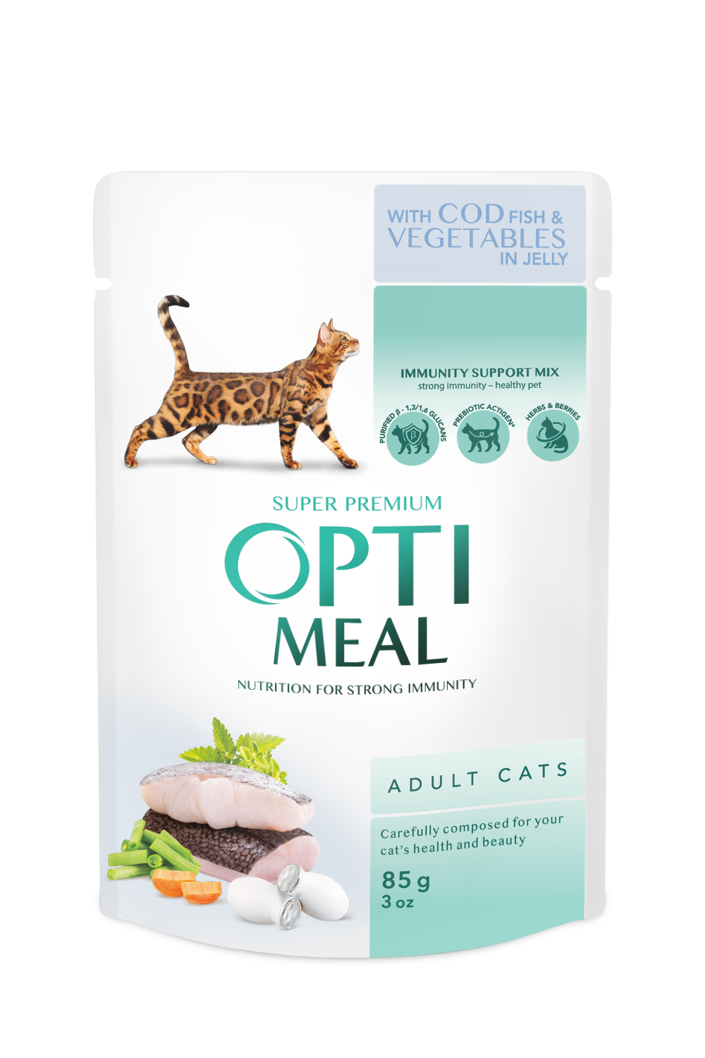 OPTIMEAL ™. Сomplete Pouches pet food for adult cats with cod fish and veggies in jelly